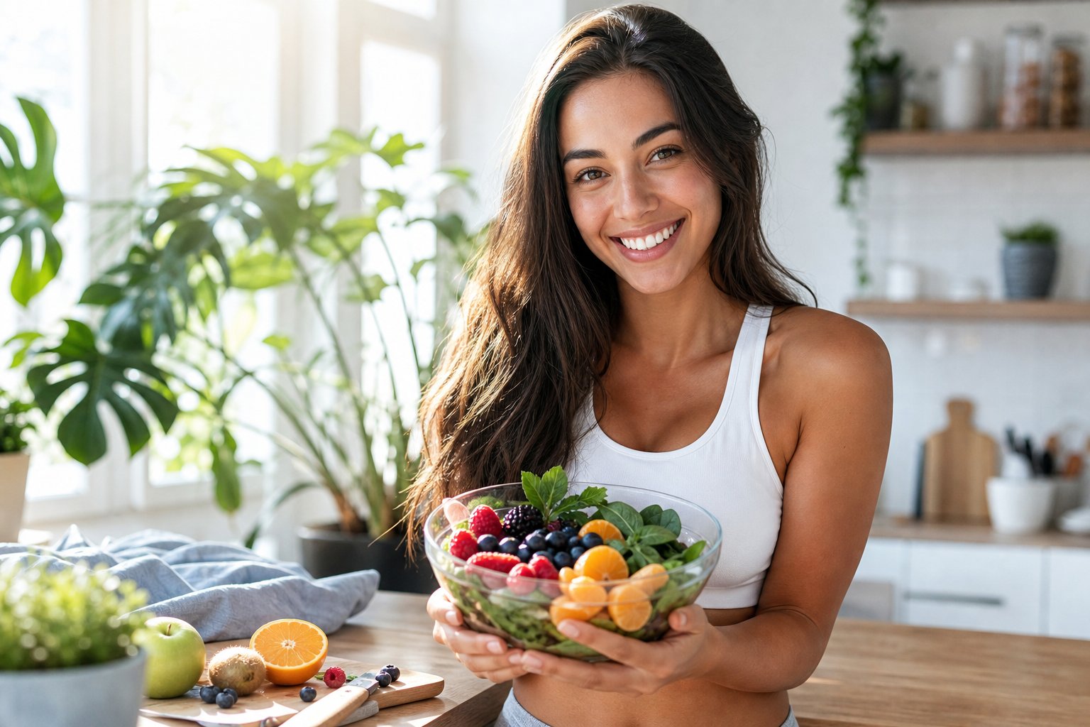 Woman holding a fresh bowl of fruit and vegetables in a bright kitchen